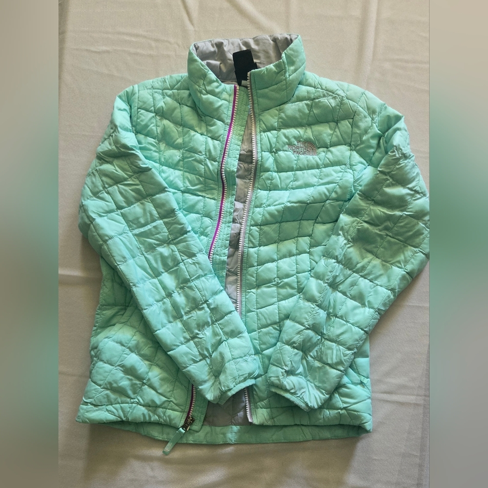 The North Face Light Green Quilted Jacket with Pink Accents